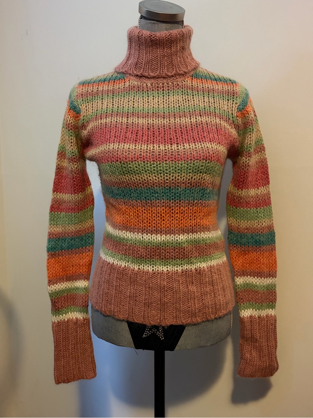 Rainbow Striped Turtleneck Crop Sweater Pastel French Euro Vintage